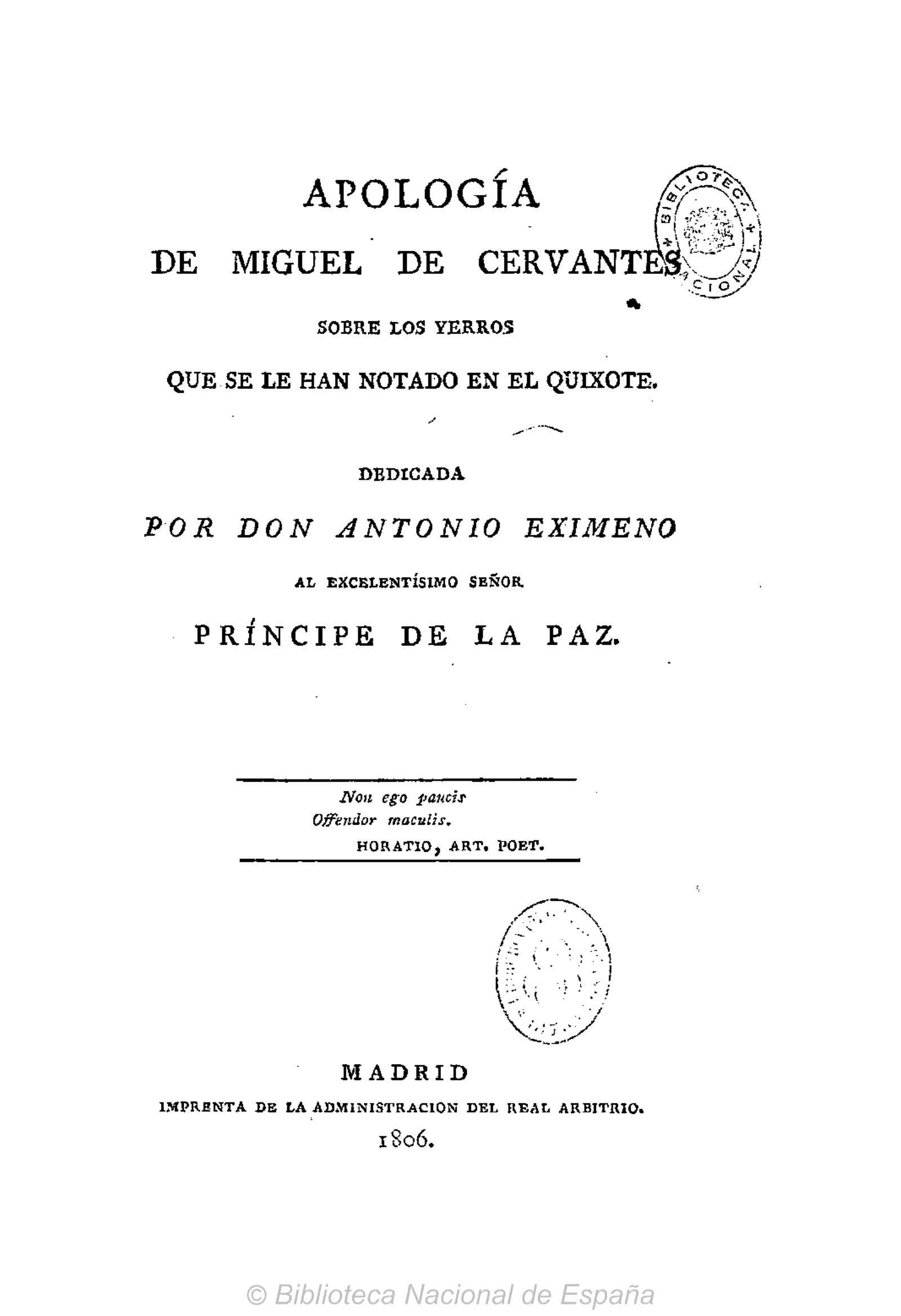 Apología de Miguel de Cervantes sobre los yerros que se le han notado en el Quixote