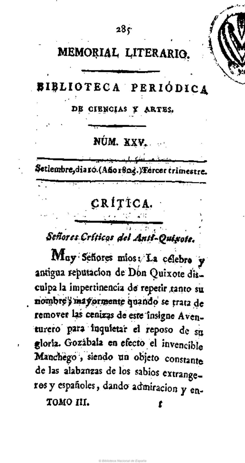 Señores editores del Memorial Literario [Carta decimocuarta en respuesta al Anti-Quijote]