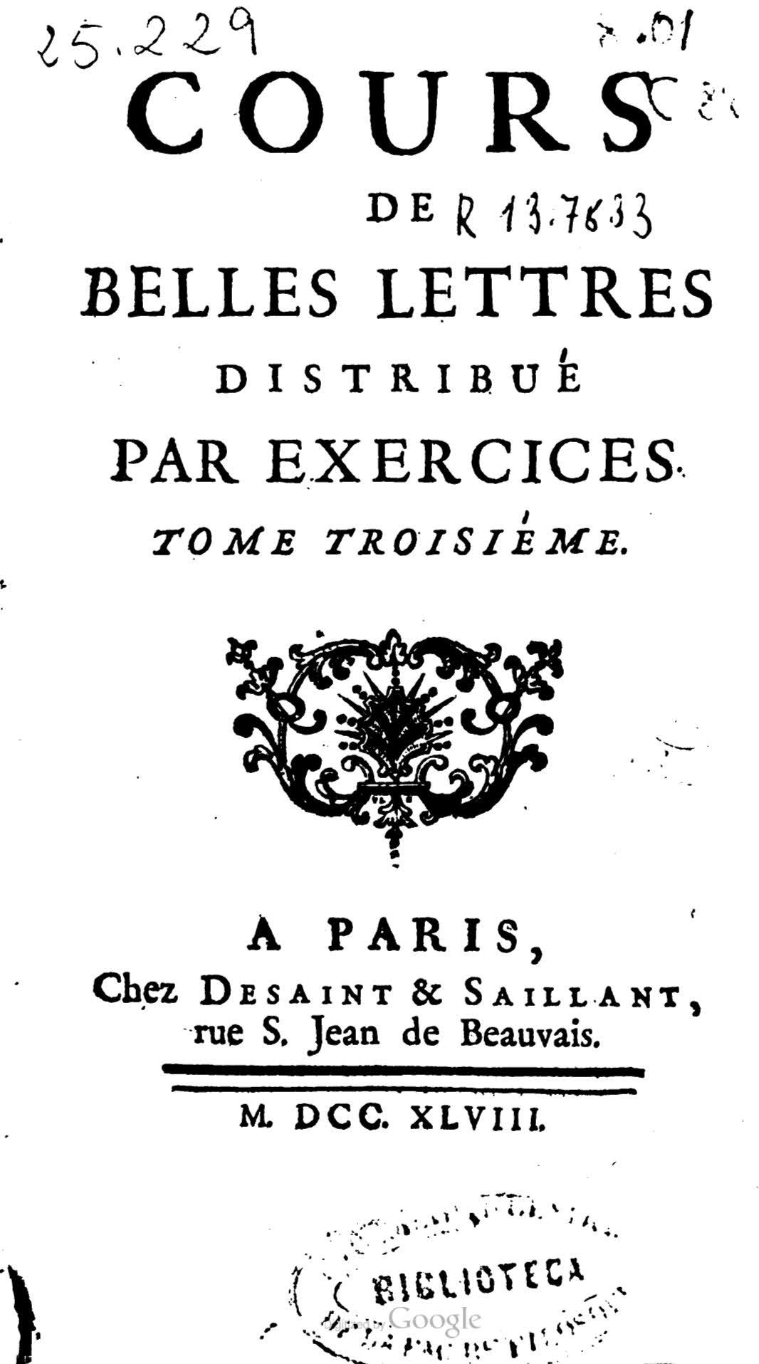 Cours de Belles Lettres distribué par exercices, Tomo II