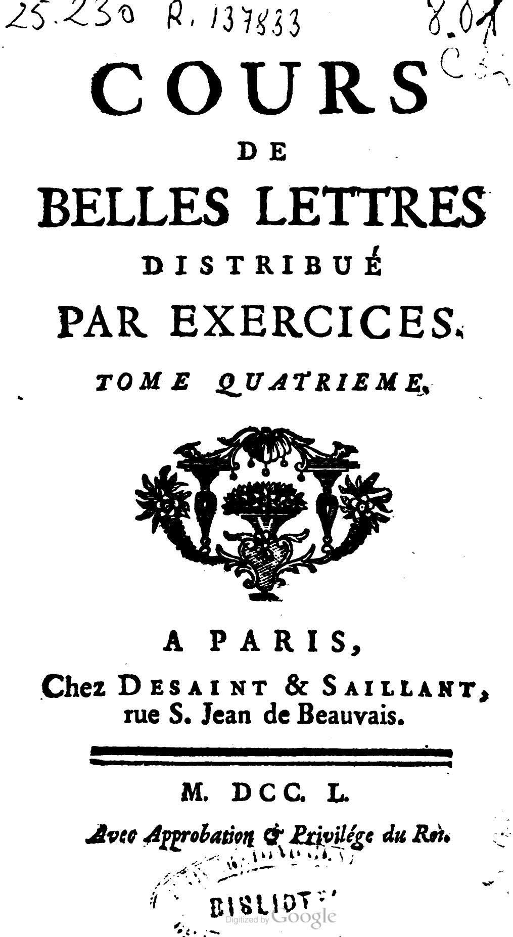 Cours de Belles Lettres distribué par exercices, Tomo IV