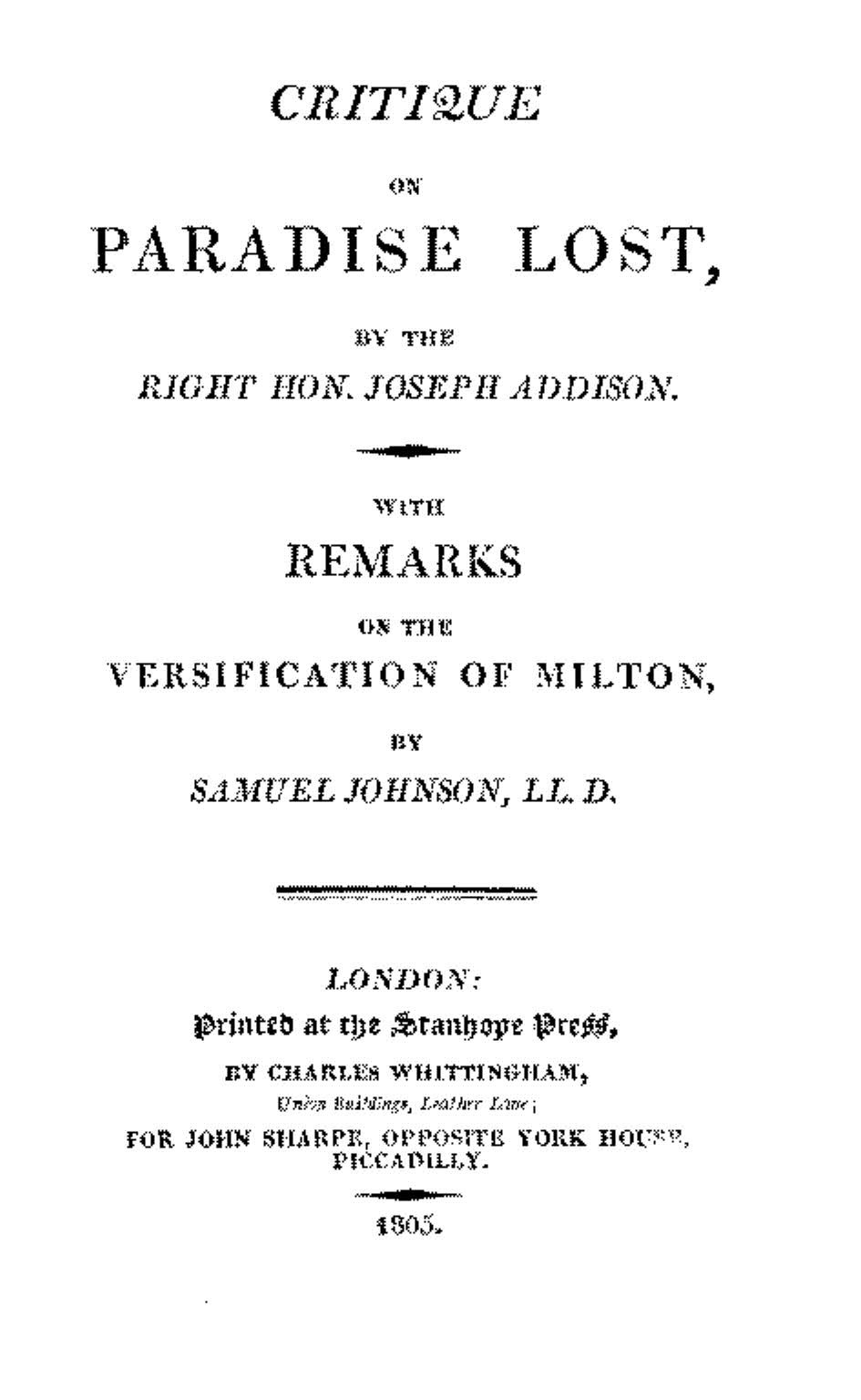 Critique on Paradise Lost: with remarks on the versification of Milton by Samuel Johnson