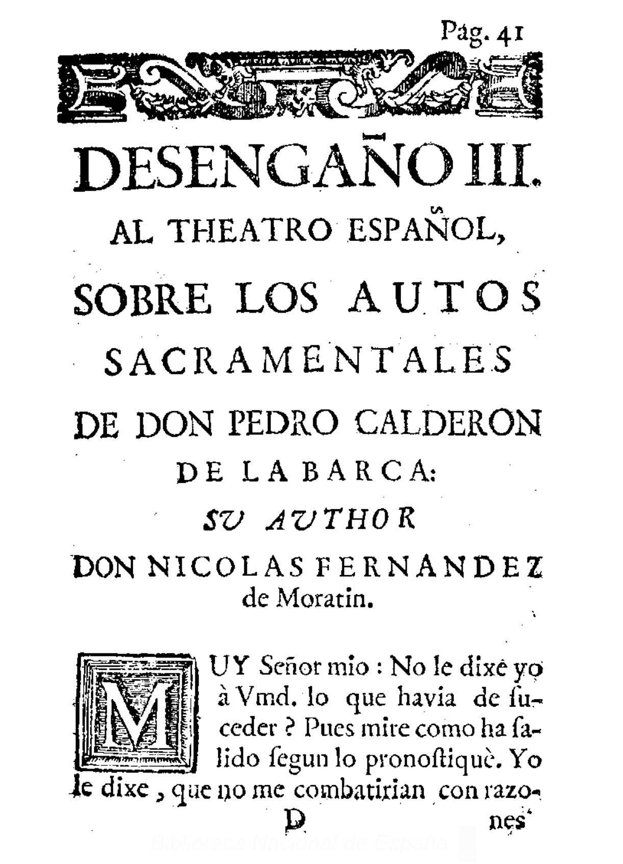 Desengaño III. Al theatro español, sobre los autos sacramentales de don Pedro Calderón de la Barca