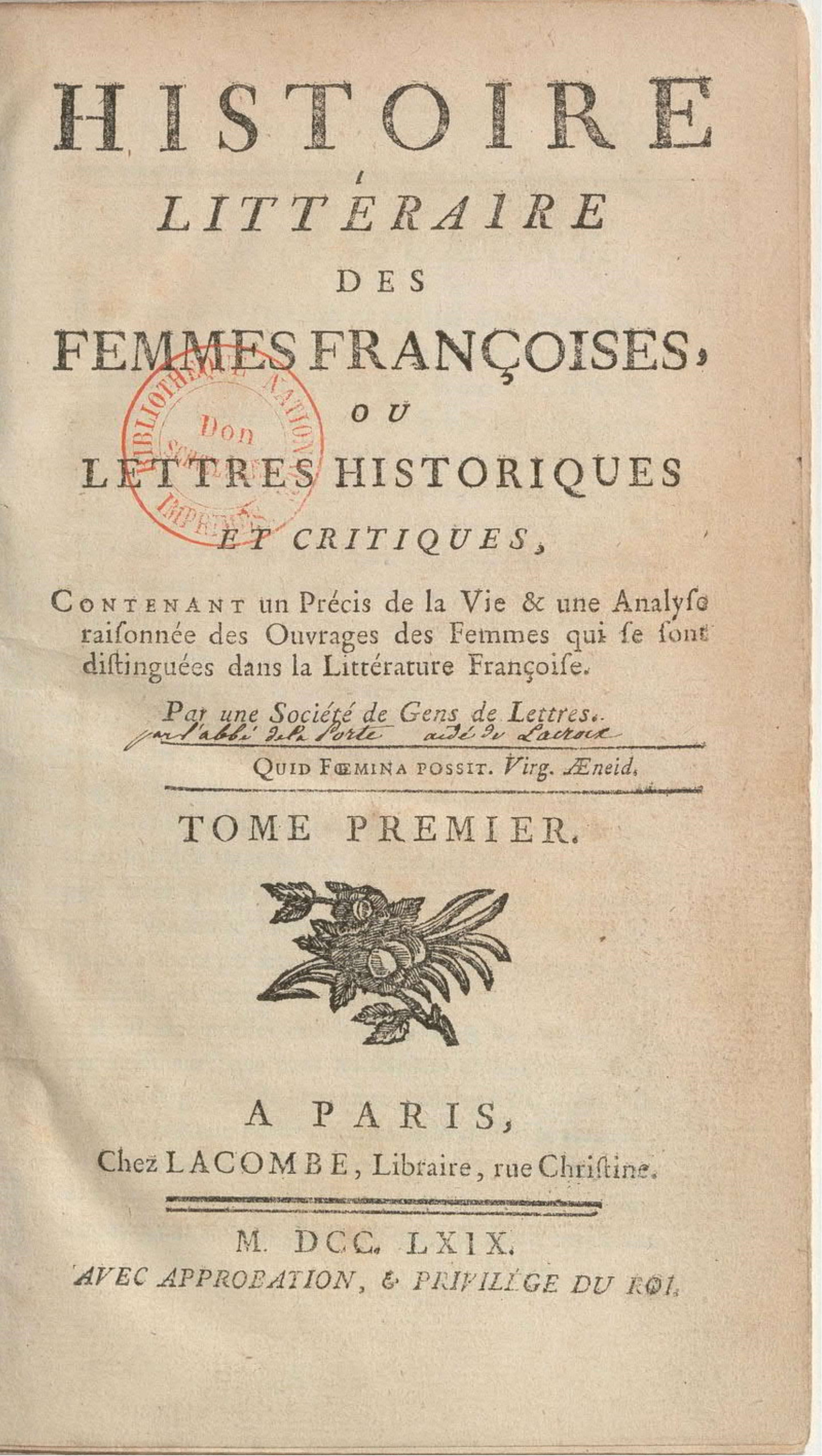 Histoire littéraire des femmes françoises ou Lettres historiques et critiques, Tome premier