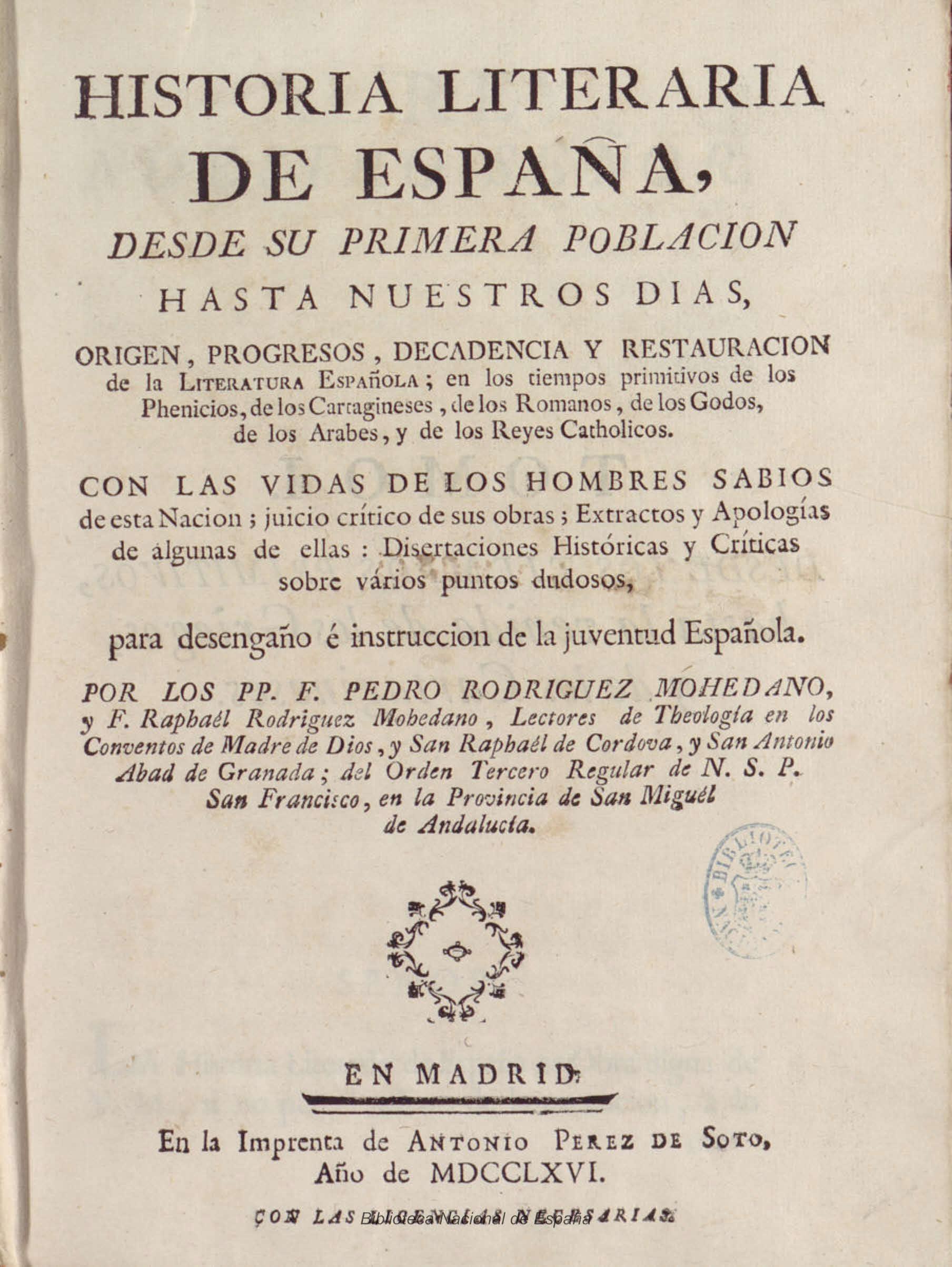 Historia literaria de España, desde su primera población hasta nuestros días, Tomo I