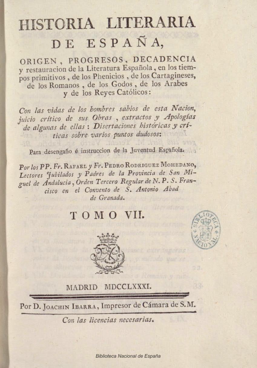 Historia literaria de España. Origen, progresos, decadencia y restauración de la literatura española, Tomo VII