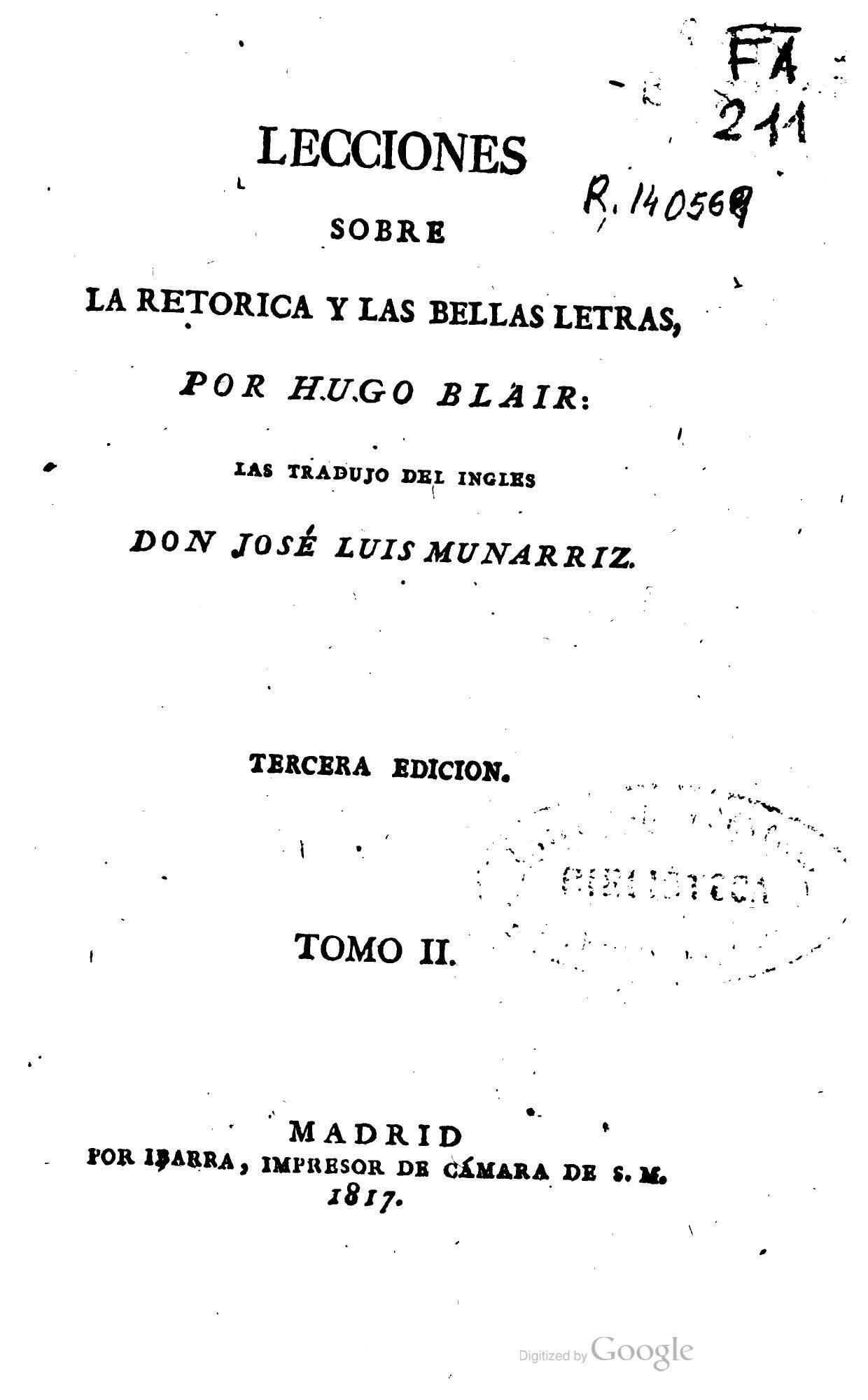 Lecciones sobre la Retórica y las Bellas Letras, Tomo II