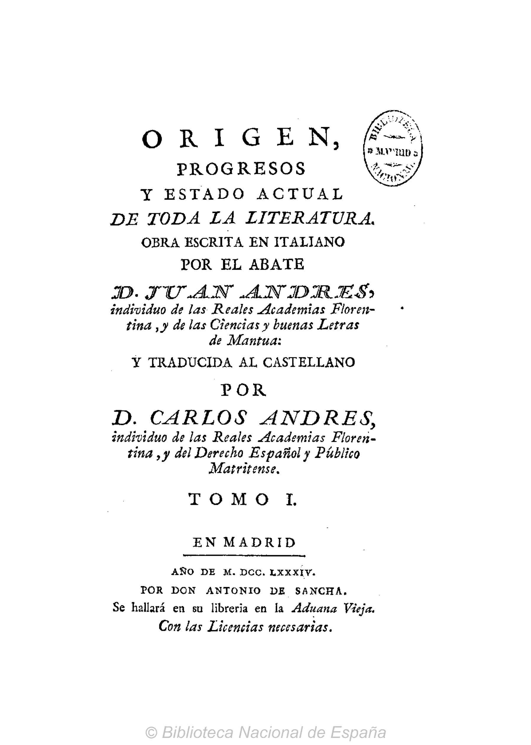 Origen, progresos y estado actual de toda la literatura, Tomo I