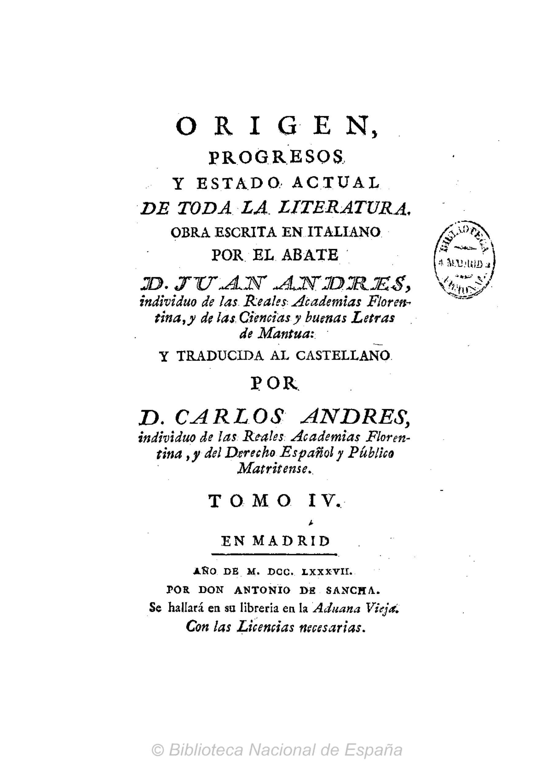 Origen, progresos y estado actual de toda la literatura, Tomo IV
