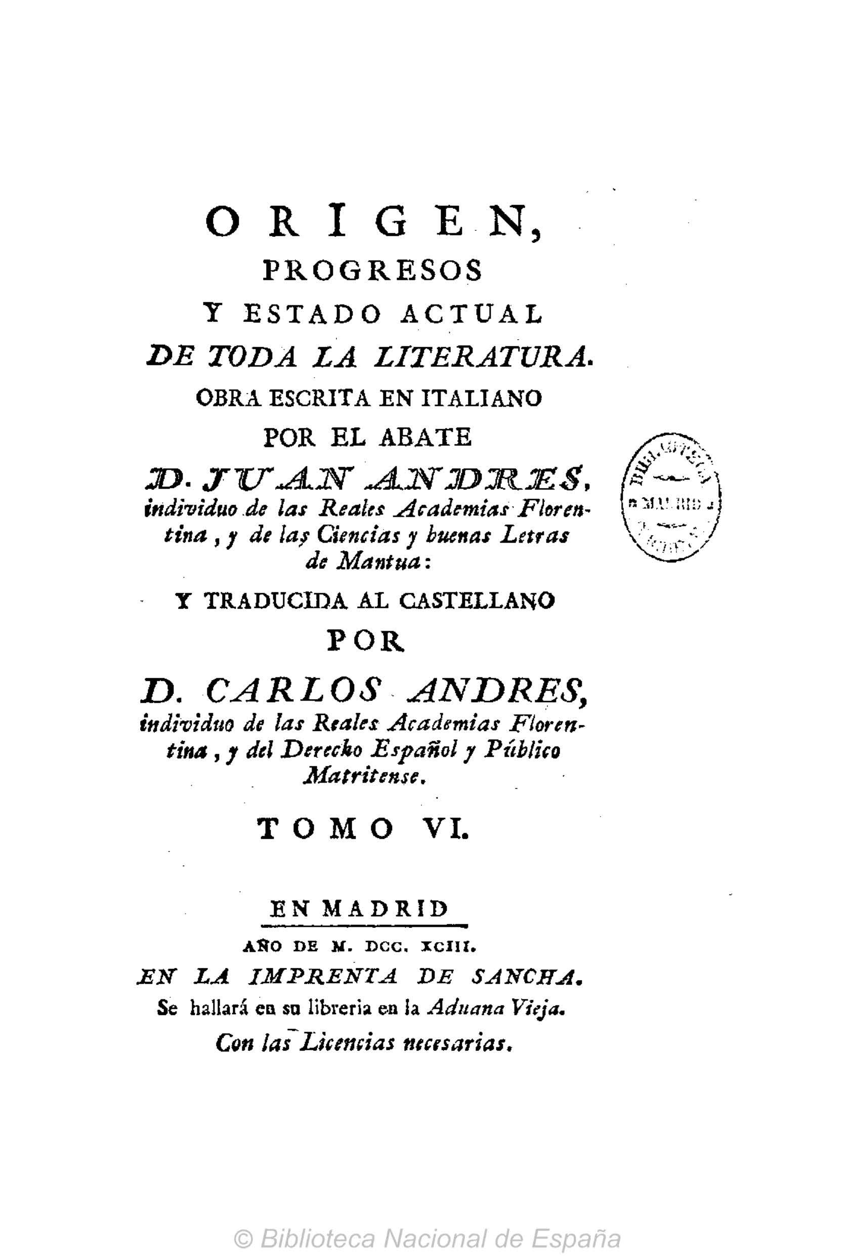 Origen, progresos y estado actual de toda la literatura, Tomo VI