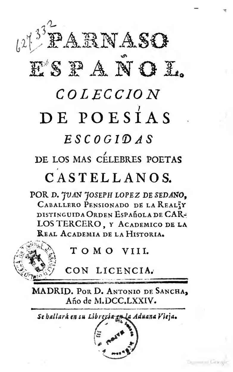Parnaso español. Colección de poesías escogidas de los más célebres poetas castellanos, Tomo VIII