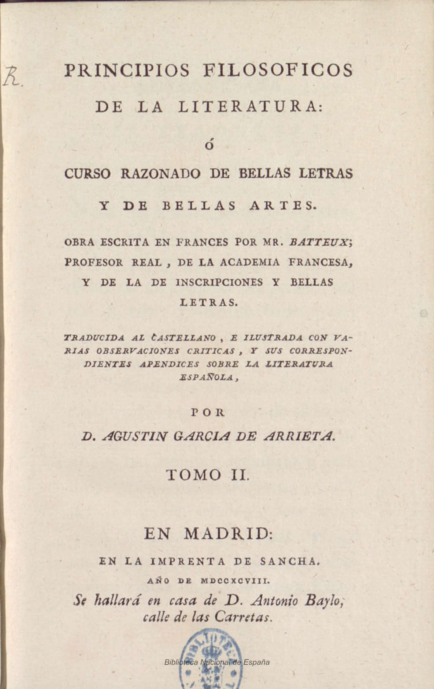 Principios filosóficos de la literatura o Curso razonado de Bellas Letras y Bellas Artes, Tomo II